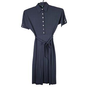 Womens Lauren Ralph Lauren Navy Blue Belted Shirt Dress Button Up Polyester XS